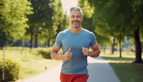 Sunny Sports Training: Energetic Male Runner Jogging in a Public Park, Embracing the Beauty of Nature and a Healthy Lifestyle