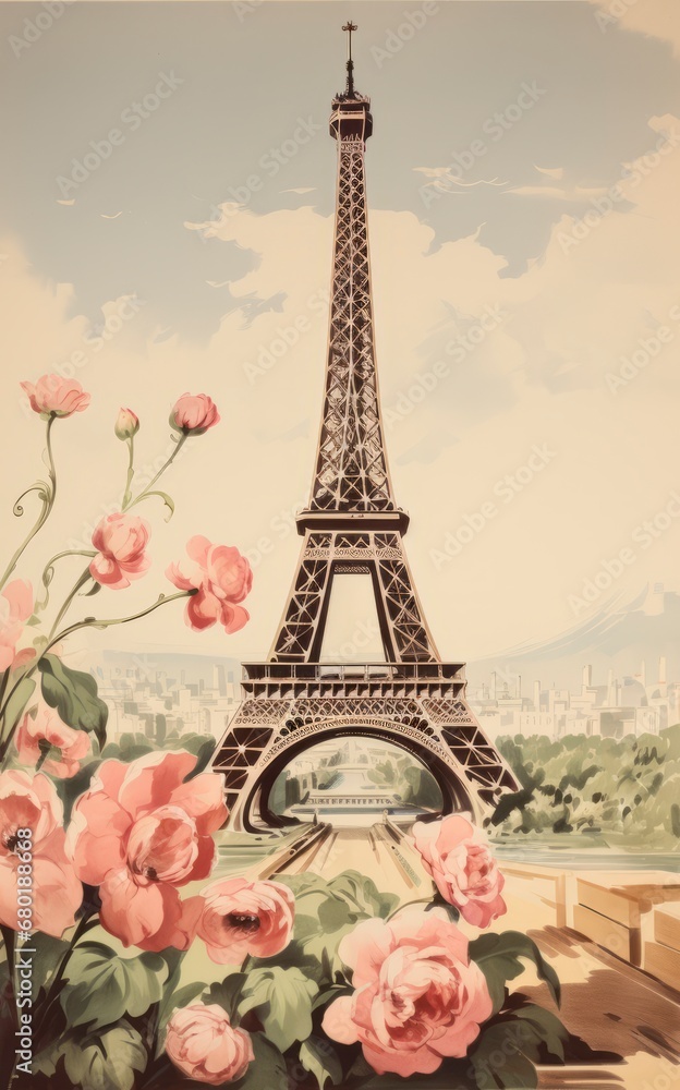 Vintage Paris postal card with Eiffel Tower and red roses in pastel tones. 