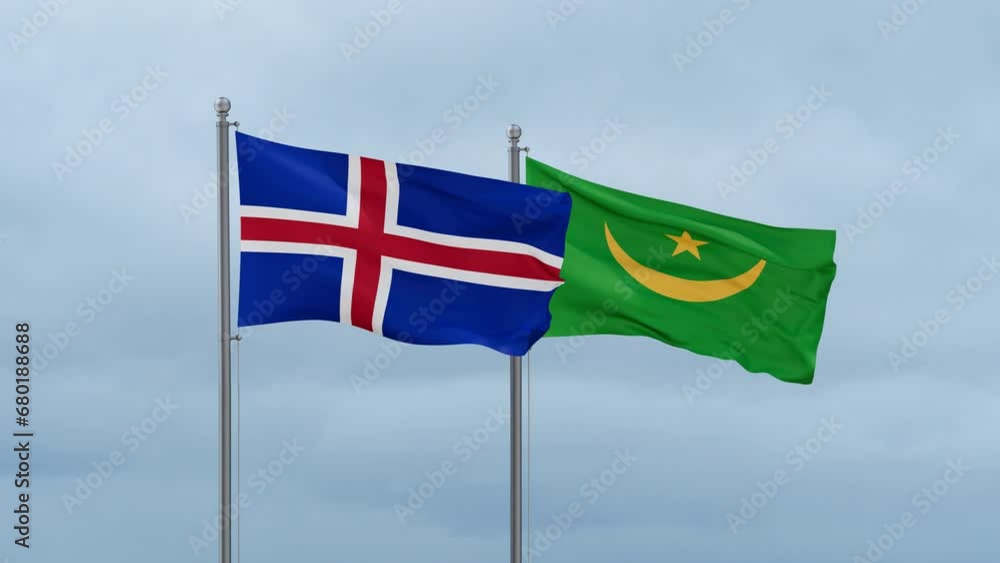 Mauritania flag and Iceland flag waving together on cloudy sky, endless seamless loop, two country relations concept Mauritania flag and Iceland flag waving together on cloudy sky, endless seamless loop, two country relations concept