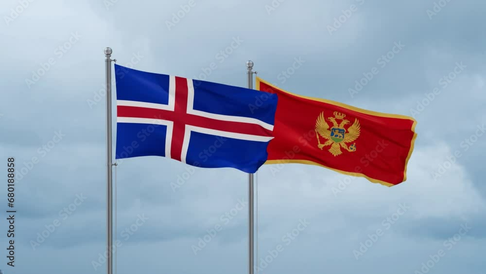 Montenegro and Iceland flag waving together on cloudy sky, endless seamless loop, two country cooperation concept Montenegro and Iceland flag waving together on cloudy sky, endless seamless loop, two country cooperation concept