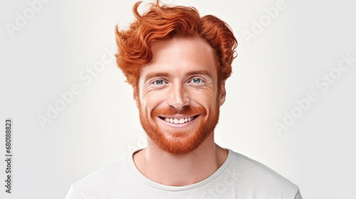 a closeup photo portrait of a handsome red haired man smiling with clean teeth. for a dental ad. guy with fresh stylish hair with strong jawline. isolated on white background.