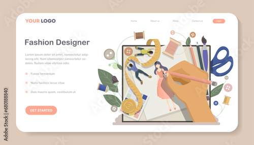Fashion designer web banner or landing page. Designing new collection and makes a sketch of clothes in sewing studio. Vector illustration.