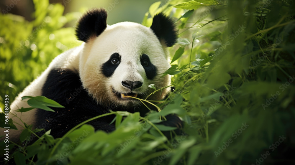 Obraz premium Portrait of a panda in its natural habitat.