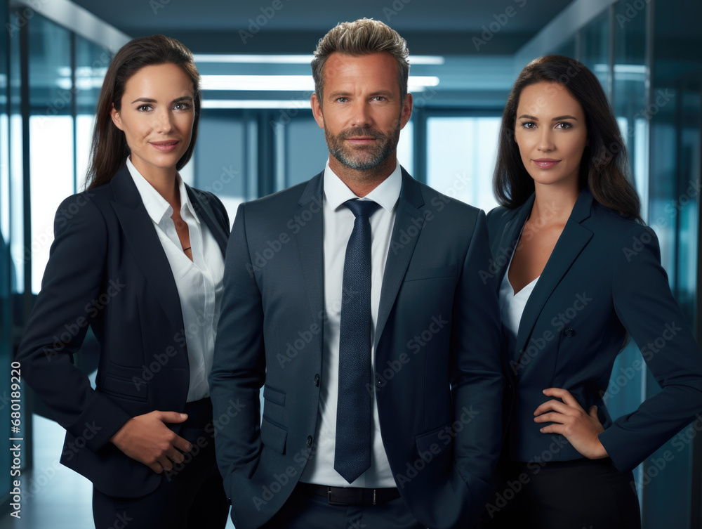 This image captures a triumphant business team of three individuals, standing side by side, sharing laughter that reflects their unity and success in the workplace. This image captures a triumphant business team of three individuals, standing side by side, sharing laughter that reflects their unity and success in the workplace.