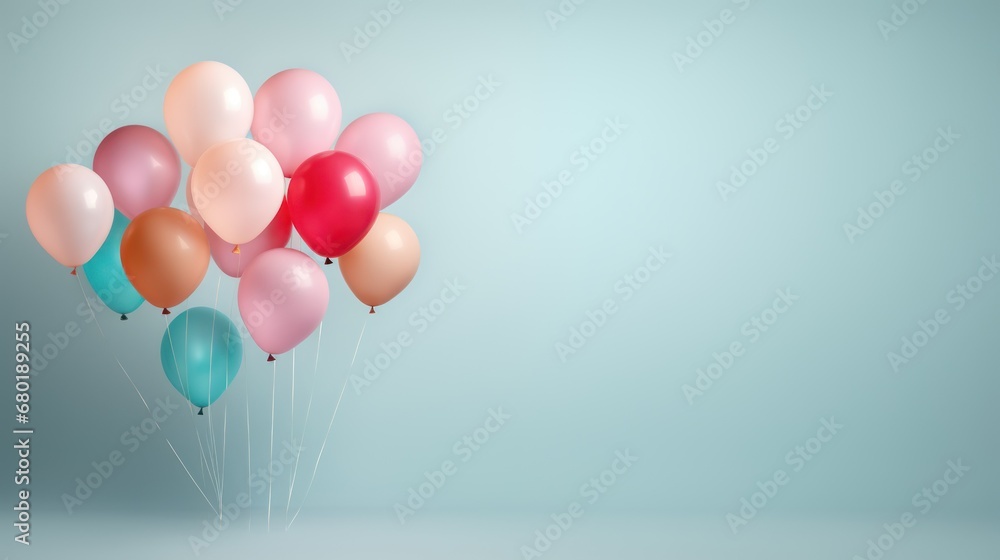 a bunch of balloons floating in the air on a blue and gray background with a light blue wall in the background and a light blue wall in the foreground. a bunch of balloons floating in the air on a blue and gray background with a light blue wall in the background and a light blue wall in the foreground.
