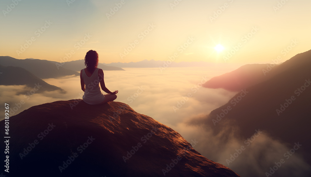 Harmony of Body and Soul: Peaceful Woman Engages in Yoga Amidst Mountainous Sunrise
