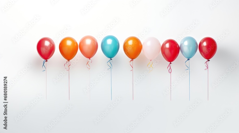  a row of red, orange, blue, and green balloons with a stream of streamers hanging down the middle of the row on a white background with a white wall.