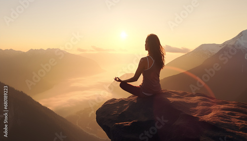 Serenity in Nature: Mindful Woman Achieving Balance through Yoga and Meditation at Sunrise