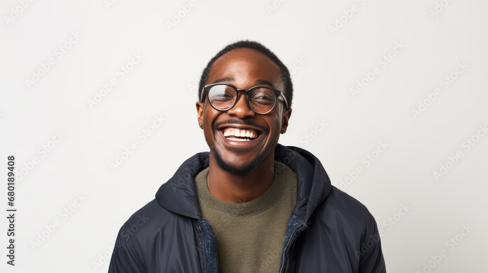 A beaming Black man with glasses, photographed against a simple white background. A beaming Black man with glasses, photographed against a simple white background.