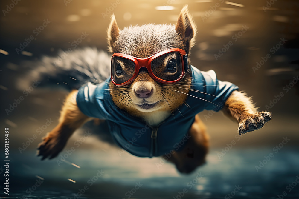 Fototapeta premium Cute Fluffy Squirrel in a Superhero Costume Running to the Rescue