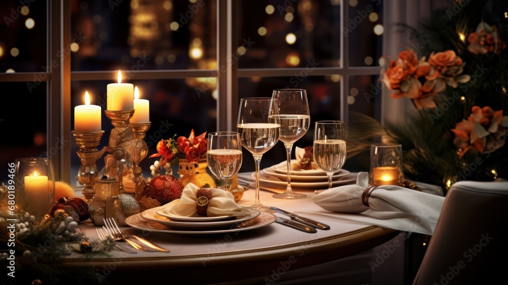  a table is set for a festive dinner with candles in the middle of the table and a view of the city outside the window is lit up at night.