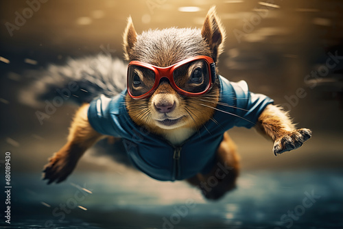 Cute Fluffy Squirrel in a Superhero Costume Running to the Rescue photo