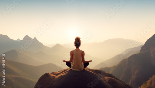 Spiritual Wellness Journey  Woman Practices Yoga and Meditation in the Harmony of Nature s Landscape