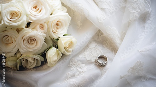  a bouquet of white roses next to a wedding ring on a bed of white satin with a white lace on the bottom of the bouquet and a ring on the bottom of the bouquet. photo