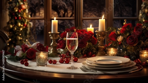  a table set for a holiday dinner with candles and roses on the table and candles in front of a window with a christmas scene in the window behind the table.