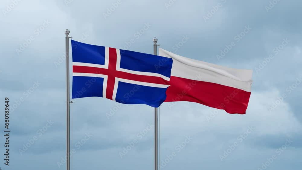 Poland and Iceland flag waving together on cloudy sky, endless seamless loop, two country cooperation concept Poland and Iceland flag waving together on cloudy sky, endless seamless loop, two country cooperation concept