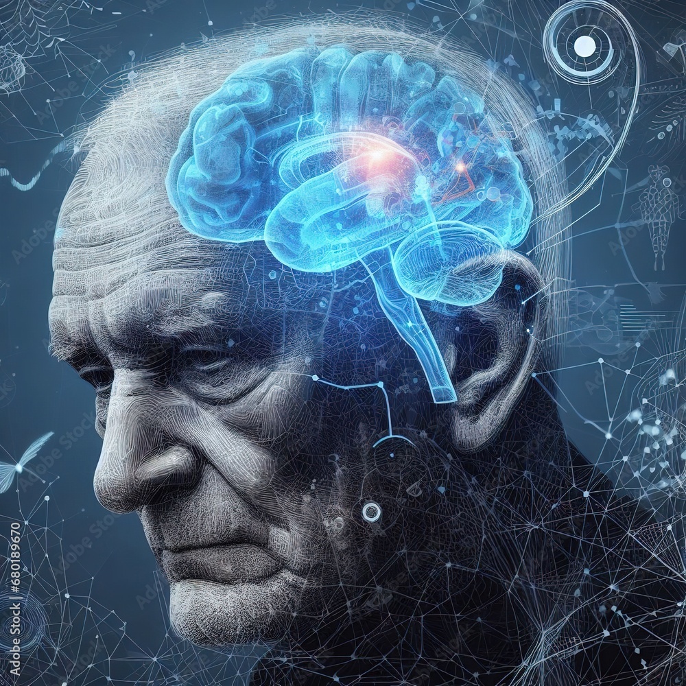 © HM Design - Mental health concept: an illustration of an elderly male portrait symbolizing the complexities of brain function, dementia, and Alzheimer's disease. © HM Design - Mental health concept: an illustration of an elderly male portrait symbolizing the complexities of brain function, dementia, and Alzheimer's disease.