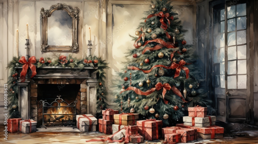  a painting of a christmas tree and presents in front of a fireplace with a mirror and a fireplace mantel with a lit candle and a mirror on the wall.