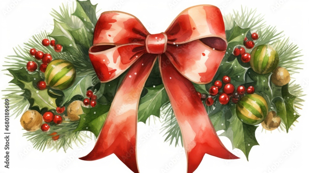 a watercolor painting of a christmas wreath with a red bow and ...
