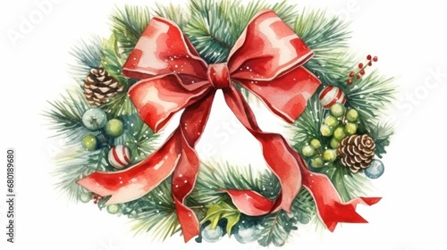  a watercolor painting of a christmas wreath with a red bow and a pine cone with berries, holly, pine cones, and a pine cone with a red ribbon.