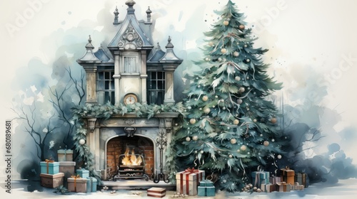  a watercolor painting of a christmas tree with presents in front of a fireplace with a clock on the top of it and a christmas tree in front of it.
