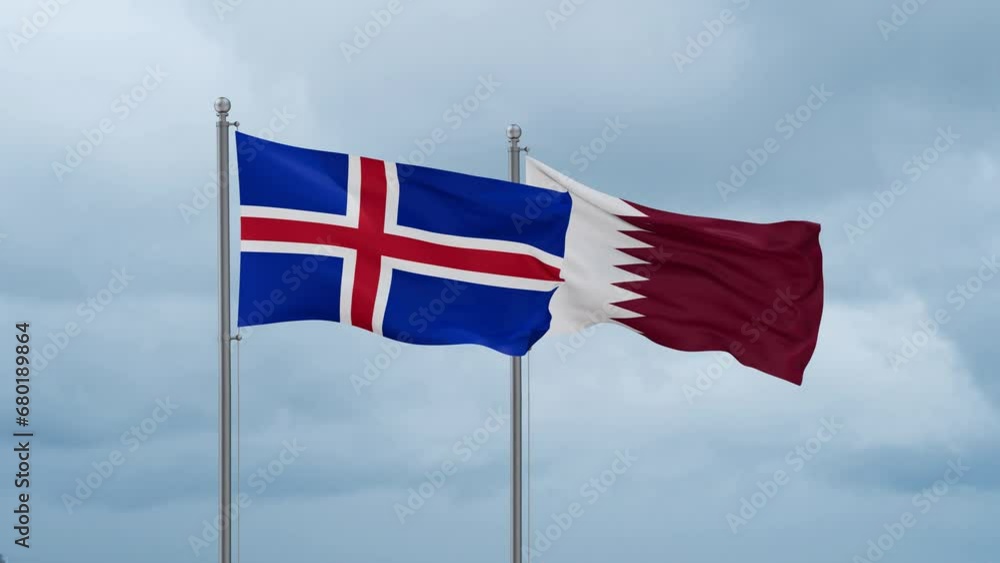Qatar and Iceland flag waving together on cloudy sky, endless seamless loop, two country cooperation concept Qatar and Iceland flag waving together on cloudy sky, endless seamless loop, two country cooperation concept