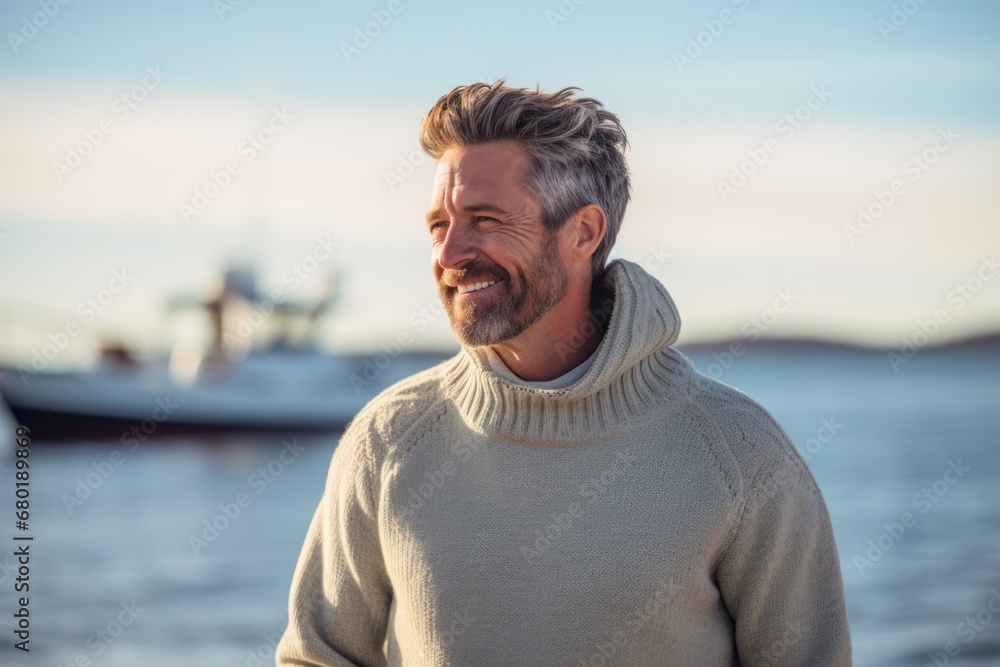 Portrait of a happy man in his 40s dressed in a warm wool sweater against a pastel blue background. AI Generation Portrait of a happy man in his 40s dressed in a warm wool sweater against a pastel blue background. AI Generation