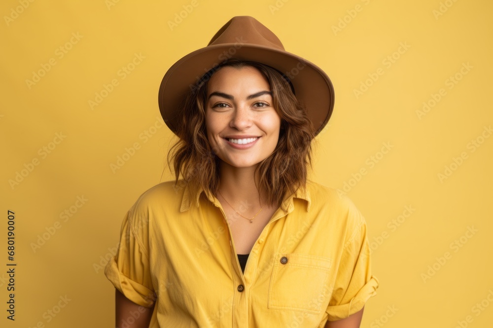Portrait of a tender woman in her 30s wearing a rugged jean vest against a pastel yellow background. AI Generation Portrait of a tender woman in her 30s wearing a rugged jean vest against a pastel yellow background. AI Generation