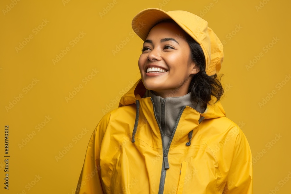Portrait of a happy woman in her 30s wearing a windproof softshell against a pastel yellow background. AI Generation Portrait of a happy woman in her 30s wearing a windproof softshell against a pastel yellow background. AI Generation