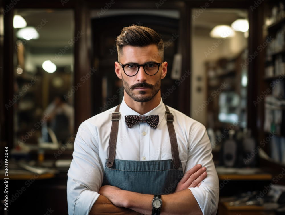 Confident Barber with Scissors in Barbershop Confident Barber with Scissors in Barbershop
