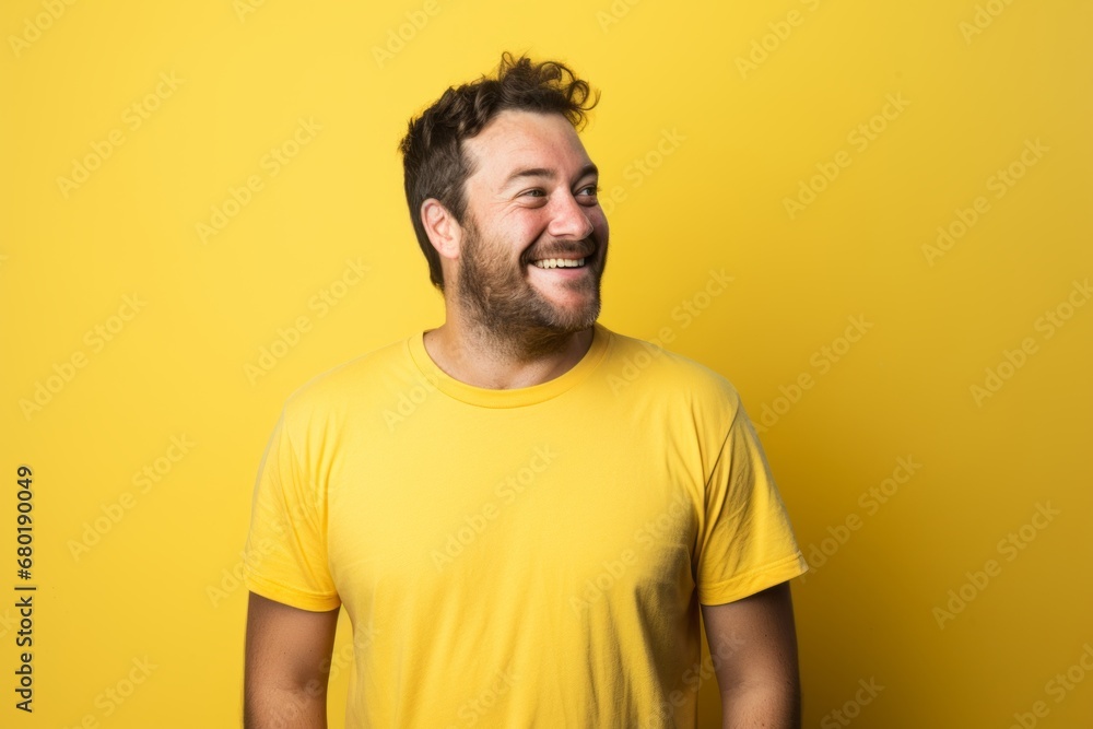 Portrait of a happy man in his 30s sporting a vintage band t-shirt against a pastel yellow background. AI Generation Portrait of a happy man in his 30s sporting a vintage band t-shirt against a pastel yellow background. AI Generation