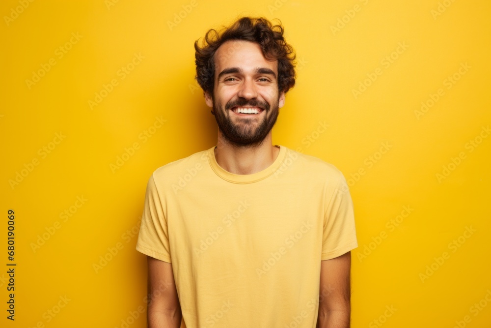 Portrait of a happy man in his 30s sporting a vintage band t-shirt against a pastel yellow background. AI Generation Portrait of a happy man in his 30s sporting a vintage band t-shirt against a pastel yellow background. AI Generation