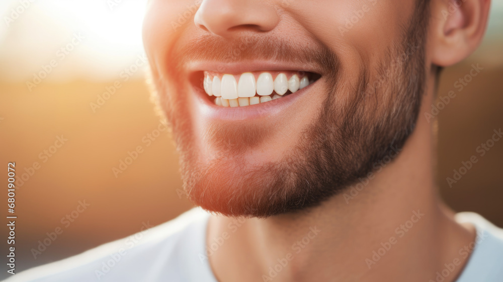 Obraz premium a closeup photo portrait of a handsome red haired man smiling with clean teeth. for a dental ad. guy with fresh stylish hair with strong jawline. isolated on white background.