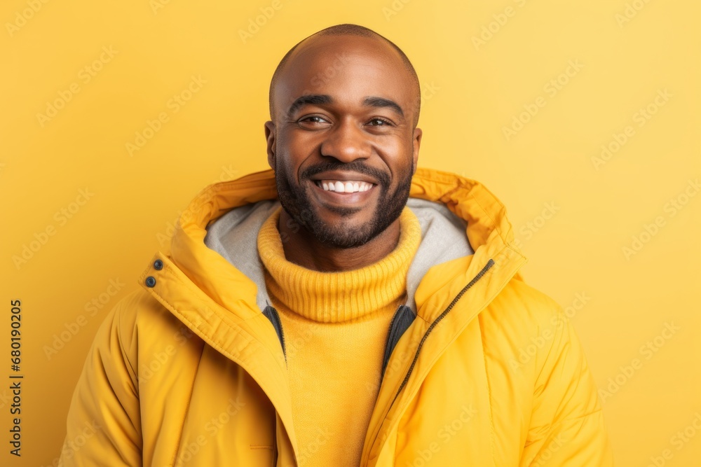 Portrait of a smiling man in his 40s sporting a quilted insulated jacket against a pastel yellow background. AI Generation Portrait of a smiling man in his 40s sporting a quilted insulated jacket against a pastel yellow background. AI Generation
