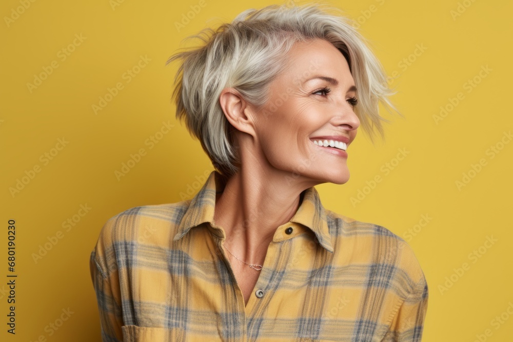 Portrait of a tender woman in her 50s wearing a comfy flannel shirt against a pastel yellow background. AI Generation Portrait of a tender woman in her 50s wearing a comfy flannel shirt against a pastel yellow background. AI Generation