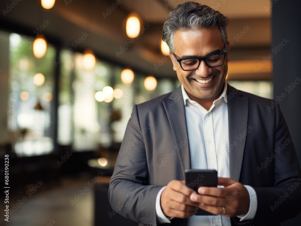 A close-up of a smiling, mature businessman, either Latin or Indian, using a smartphone in his office for digital business solutions. A close-up of a smiling, mature businessman, either Latin or Indian, using a smartphone in his office for digital business solutions.