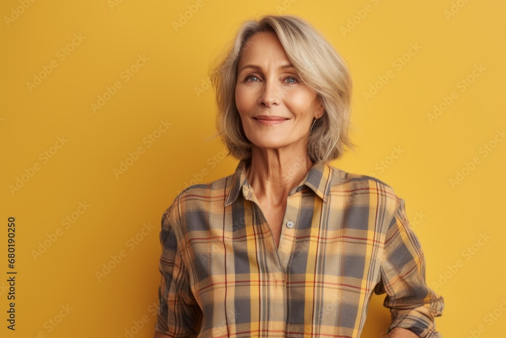 Portrait of a tender woman in her 50s wearing a comfy flannel shirt against a pastel yellow background. AI Generation Portrait of a tender woman in her 50s wearing a comfy flannel shirt against a pastel yellow background. AI Generation