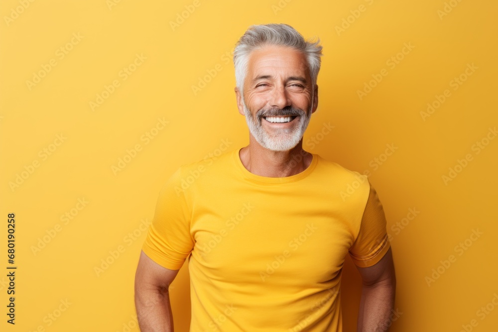 Portrait of a joyful man in his 50s showing off a lightweight base layer against a pastel yellow background. AI Generation Portrait of a joyful man in his 50s showing off a lightweight base layer against a pastel yellow background. AI Generation
