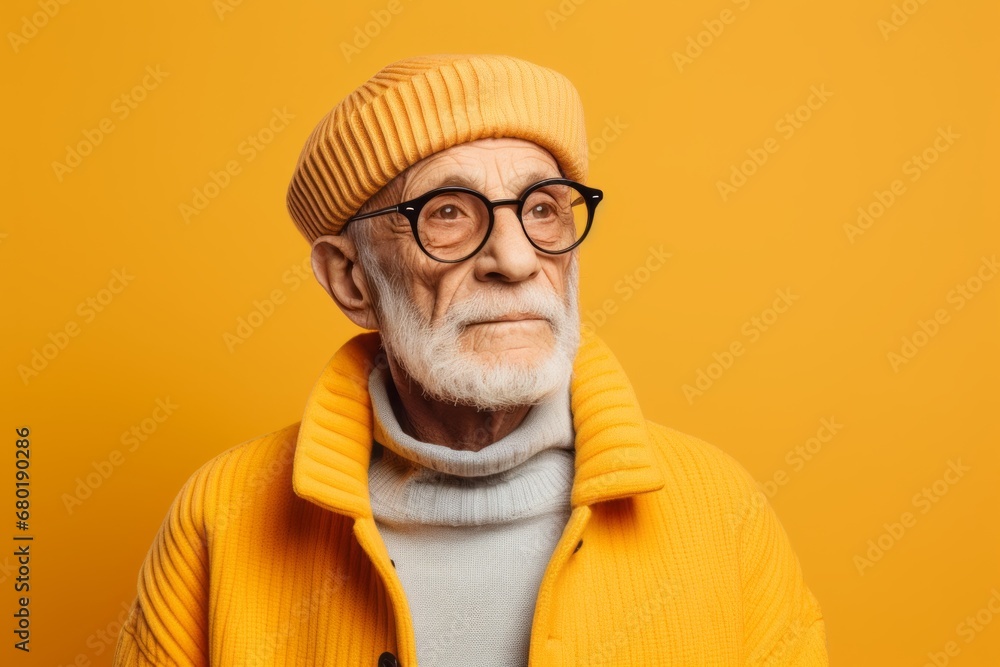 Portrait of a tender man in his 70s sporting a trendy beanie against a pastel yellow background. AI Generation Portrait of a tender man in his 70s sporting a trendy beanie against a pastel yellow background. AI Generation