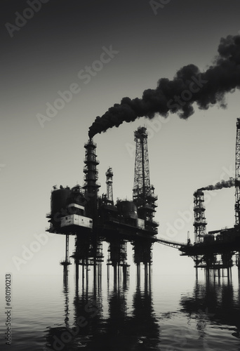 piattaforma offshore di estrazione petrolifera con ciminiera che emette densi fumi scuri photo