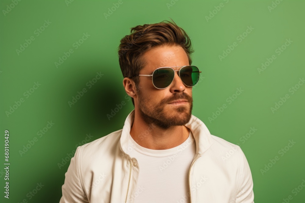 Obraz premium Portrait of a content man in his 30s wearing a trendy sunglasses against a pastel green background. AI Generation