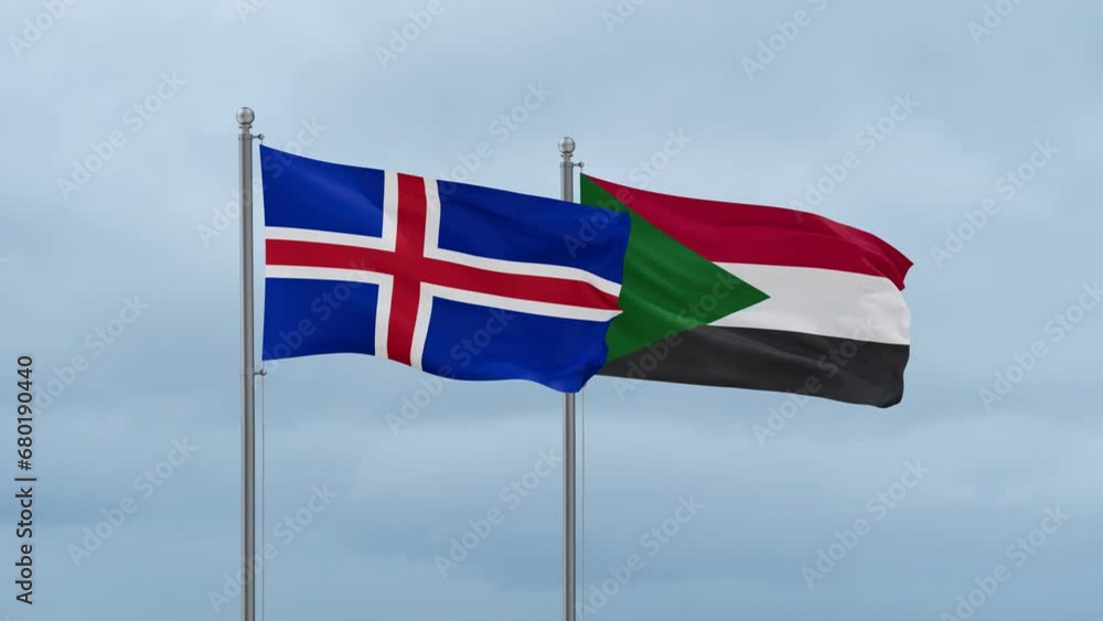 Sudan and Iceland flag waving together on cloudy sky, endless seamless loop, two country cooperation concept Sudan and Iceland flag waving together on cloudy sky, endless seamless loop, two country cooperation concept