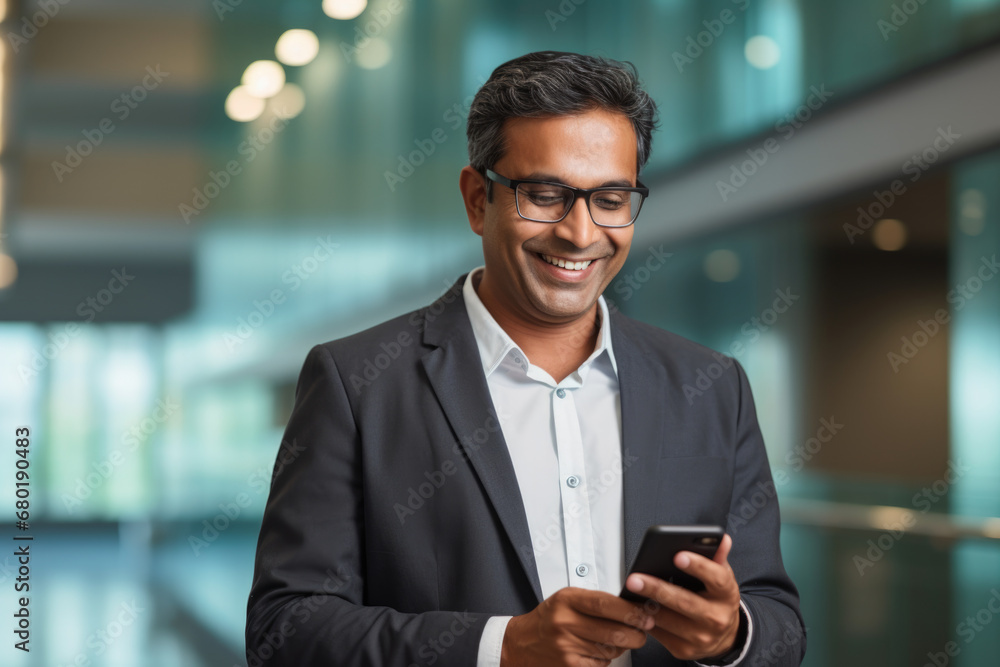 A close-up of a smiling, mature businessman, either Latin or Indian, using a smartphone in his office for digital business solutions. A close-up of a smiling, mature businessman, either Latin or Indian, using a smartphone in his office for digital business solutions.