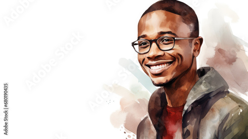 A beaming Black man with glasses  photographed against a simple white background.