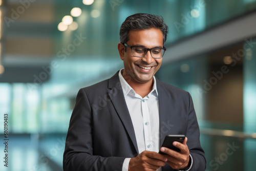 A close-up of a smiling, mature businessman, either Latin or Indian, using a smartphone in his office for digital business solutions.