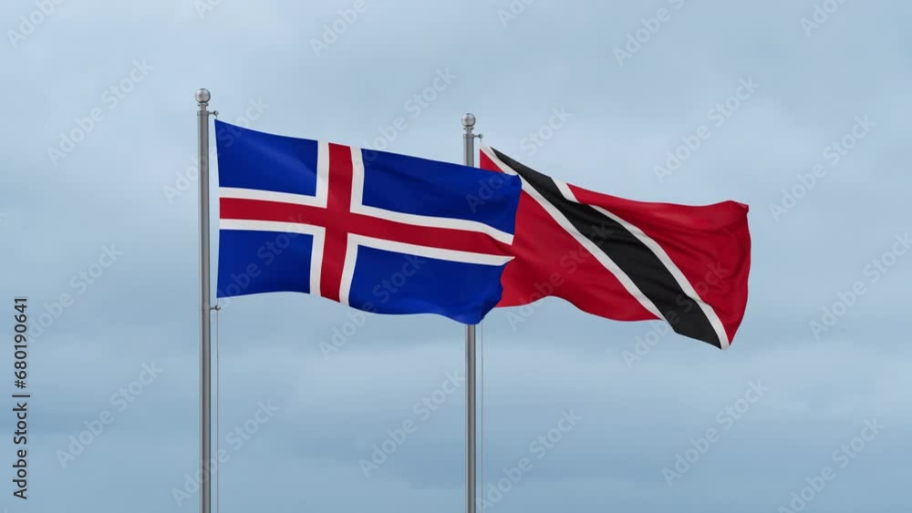 Trinidad and Tobago and Iceland flag waving together on cloudy sky, endless seamless loop, two country cooperation concept Trinidad and Tobago and Iceland flag waving together on cloudy sky, endless seamless loop, two country cooperation concept