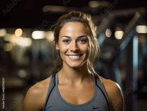 Portrait of a female fitness trainer in a gym  standing by exercise equipment and smiling at the camera