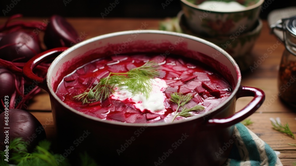 ready Ukraine borscht in beautiful plates with sour cream ready Ukraine borscht in beautiful plates with sour cream