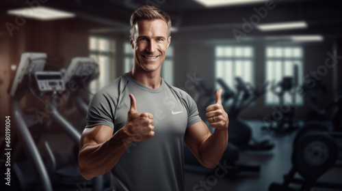 In this dynamic scene, a fitness coach stands in a gym, giving a double thumbs-up sign, radiating encouragement and support. The blurred gym background adds to the energetic atmosphere.