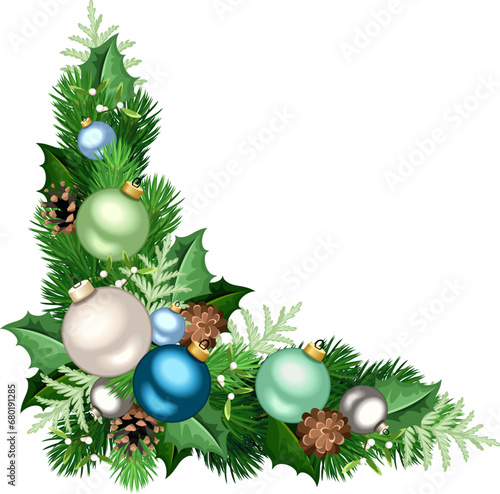 Christmas decorative corner background with blue  green  and silver Christmas balls  fir branches  pinecones  holly  and mistletoe. Vector illustration